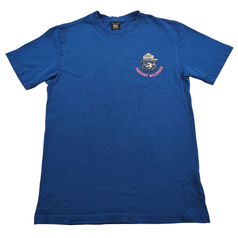 Filson Smokey the Bear Pioneer Shirt Small Blue Front Back Made in USA
